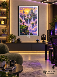 Pixel Kingdom gaming artwork in a Black PVC frame with a white printed border, displayed in a dark console gaming lounge with green seating.