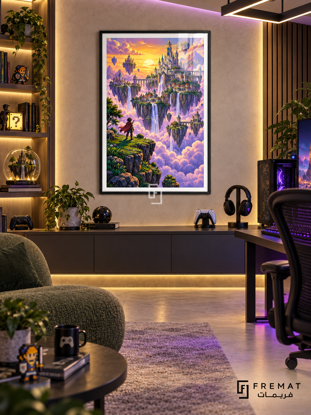 Pixel Kingdom gaming artwork in a Black PVC frame with a white printed border, displayed in a dark console gaming lounge with green seating.