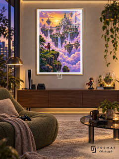 Pixel Kingdom gaming artwork in a Gold PVC frame with a white printed border, displayed in a warm evening gaming room with walnut console and green seating.