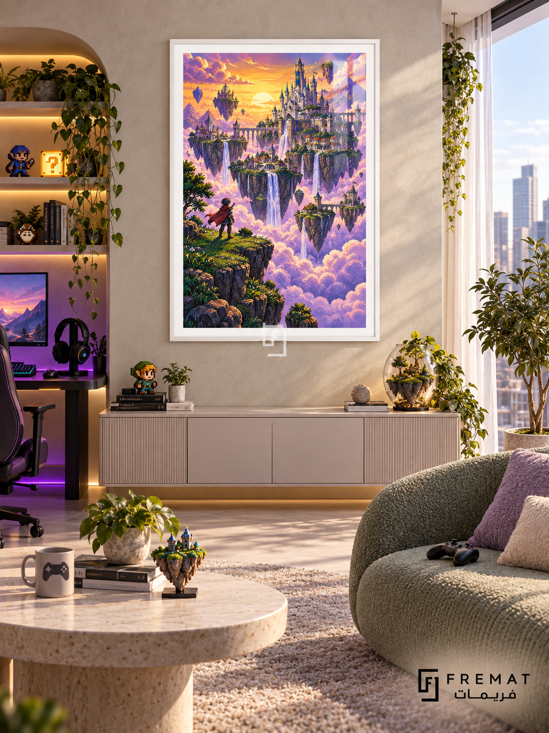 Pixel Kingdom gaming artwork in a White PVC frame with a white printed border, displayed in a sunlit gaming lounge with green chair and pale cabinet.