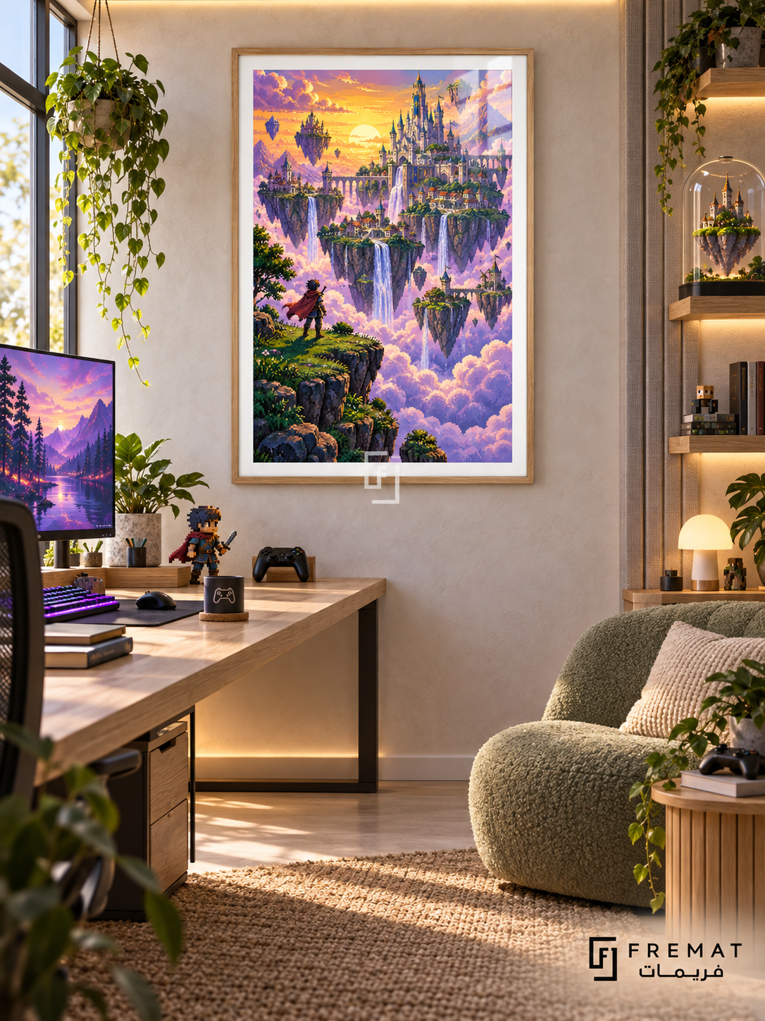 Pixel Kingdom gaming artwork in a Wooden Texture PVC frame with a white printed border, displayed in a bright desk gaming nook with pale wood furniture and green chair.