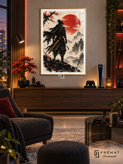Ink Samurai gaming artwork in a Gold PVC frame with a white printed border, displayed in an evening lounge with walnut cabinetry and dark seating.