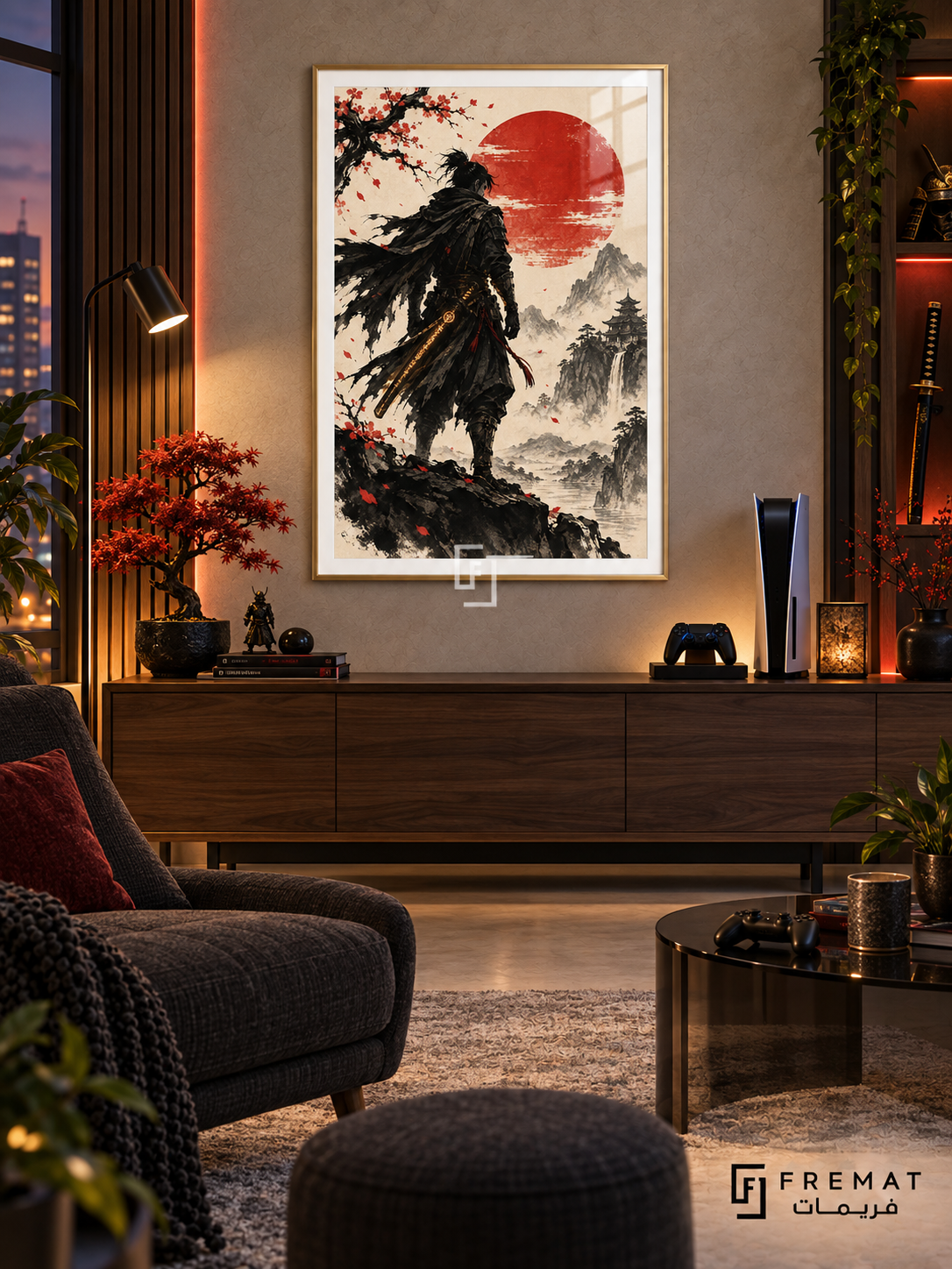 Ink Samurai gaming artwork in a Gold PVC frame with a white printed border, displayed in an evening lounge with walnut cabinetry and dark seating.