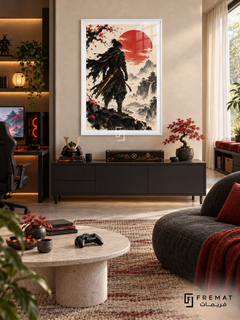 Ink Samurai gaming artwork in a White PVC frame with a white printed border, displayed in a sunlit gaming room with dark cabinet, bonsai and pale table.