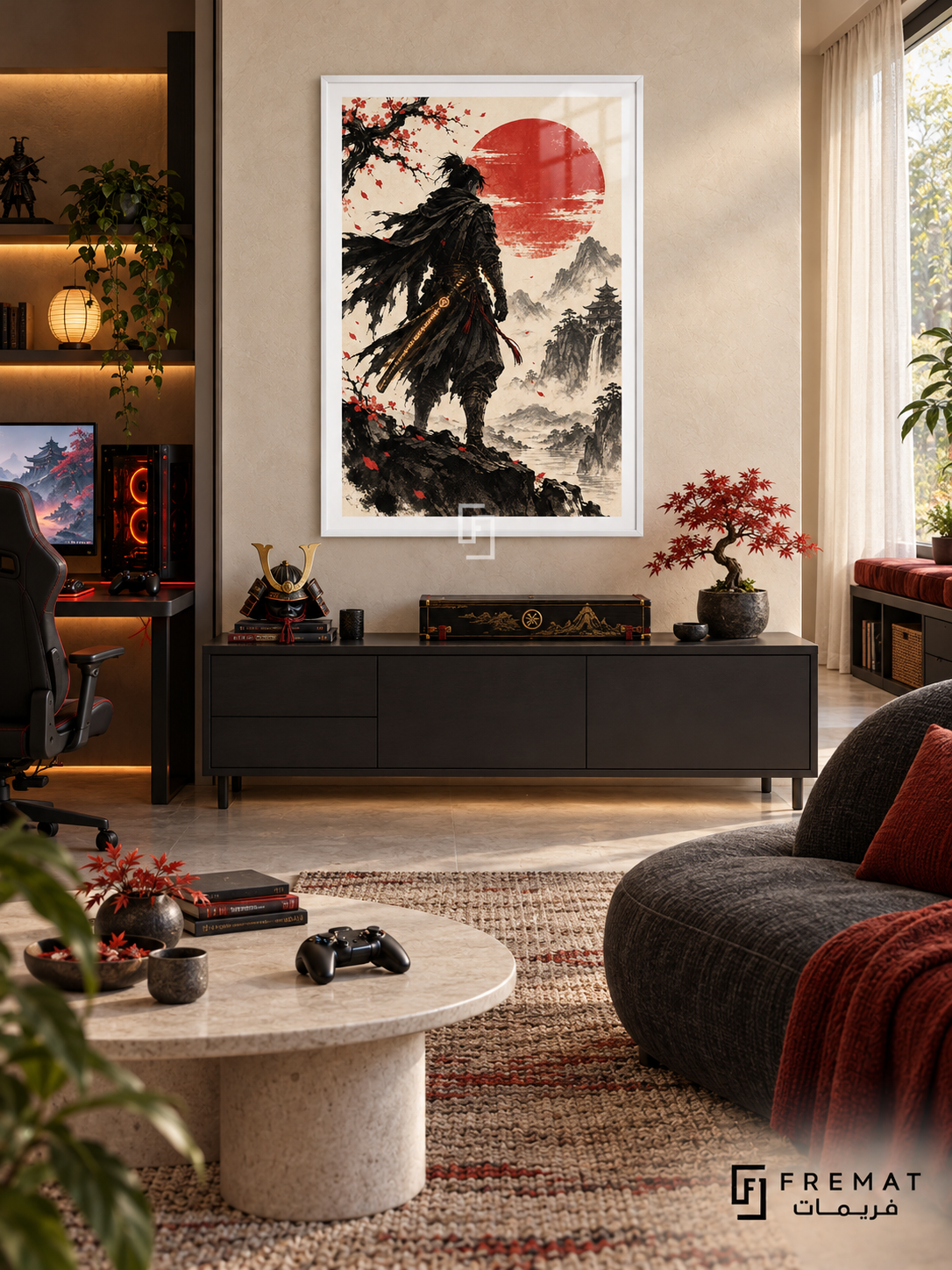 Ink Samurai gaming artwork in a White PVC frame with a white printed border, displayed in a sunlit gaming room with dark cabinet, bonsai and pale table.