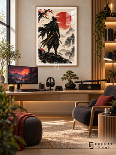 Ink Samurai gaming artwork in a Wooden Texture PVC frame with a white printed border, displayed in a desk gaming nook with warm wood furniture and charcoal chair.