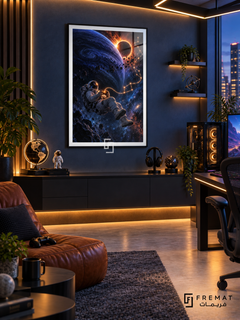 Cosmic Player gaming artwork in a Black PVC frame with a white printed border, displayed in a deep blue gaming lounge with a dark console and brown leather seating.