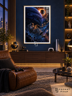 Cosmic Player gaming artwork in a Gold PVC frame with a white printed border, displayed in an evening lounge with dark blue walls, walnut console and leather seating.