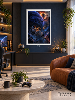 Cosmic Player gaming artwork in a White PVC frame with a white printed border, displayed in a daylight gaming room with blue walls and brown lounge chair.