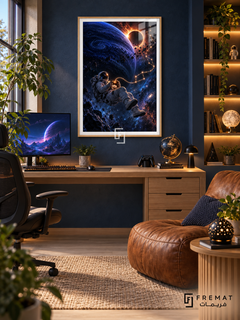 Cosmic Player gaming artwork in a Wooden Texture PVC frame with a white printed border, displayed in a pale desk gaming nook with blue walls and brown leather chair.