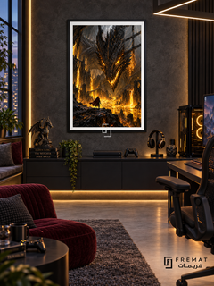 Boss Battle gaming artwork in a Black PVC frame with a white printed border, displayed in a charcoal gaming lounge with burgundy seating and a black console.
