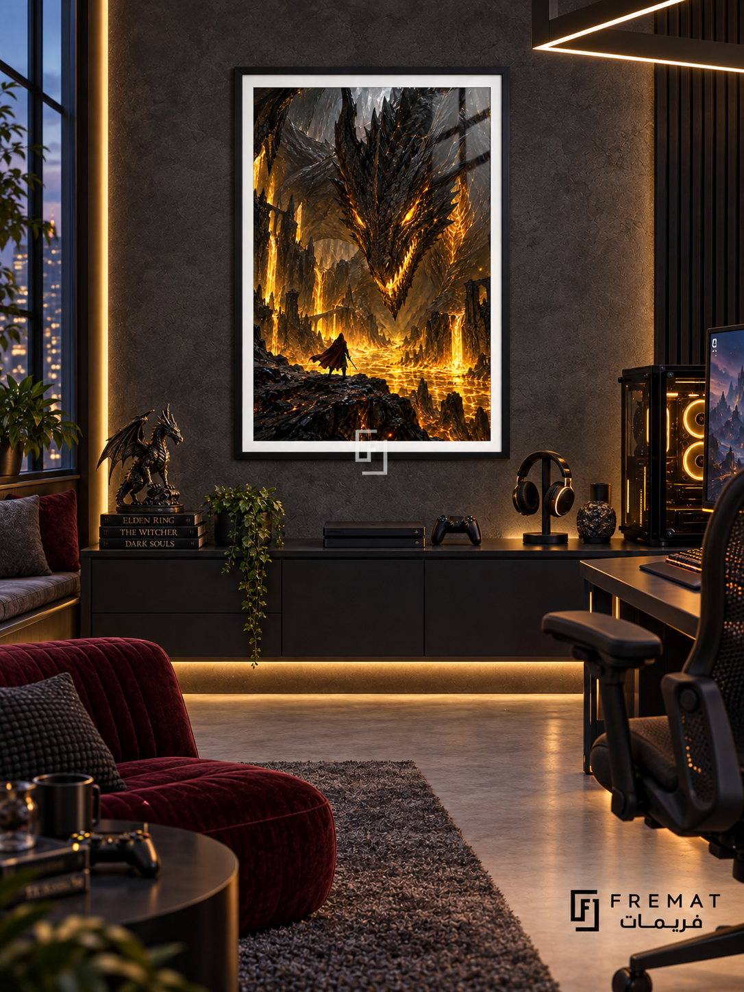 Boss Battle gaming artwork in a Black PVC frame with a white printed border, displayed in a charcoal gaming lounge with burgundy seating and a black console.