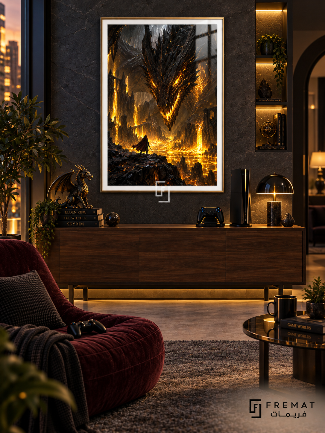 Boss Battle gaming artwork in a Gold PVC frame with a white printed border, displayed in an evening gaming lounge with walnut sideboard and burgundy seating.