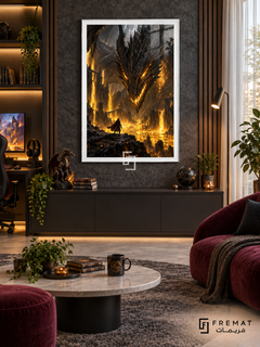 Boss Battle gaming artwork in a White PVC frame with a white printed border, displayed in a daylight room with dark wall cabinet and burgundy chair.
