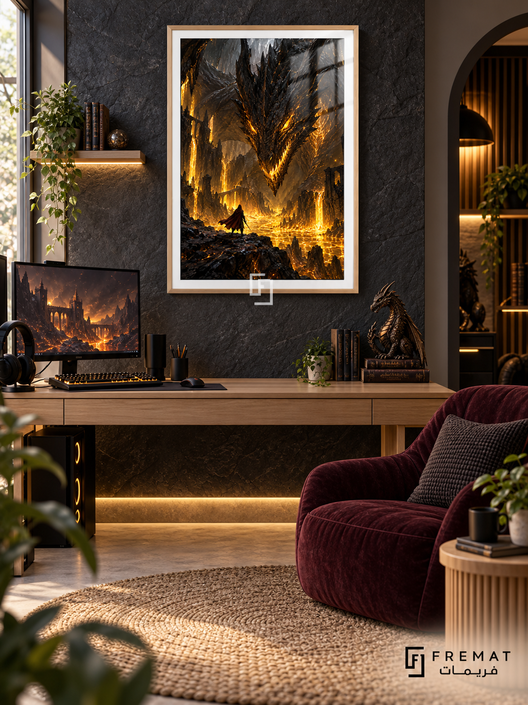 Boss Battle gaming artwork in a Wooden Texture PVC frame with a white printed border, displayed in a pale desk gaming nook with charcoal walls and burgundy chair.