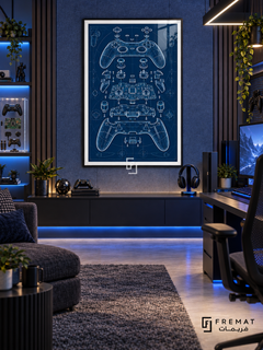 Controller Blueprint gaming artwork in a Black PVC frame with a white printed border, displayed in a blue-lit gaming room with dark console and blue seating.