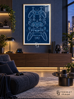 Controller Blueprint gaming artwork in a Gold PVC frame with a white printed border, displayed in an evening gaming room with walnut console and navy chair.
