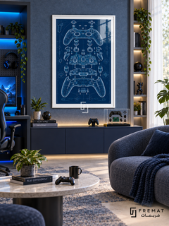 Controller Blueprint gaming artwork in a White PVC frame with a white printed border, displayed in a sunlit gaming lounge with navy cabinetry and round table.