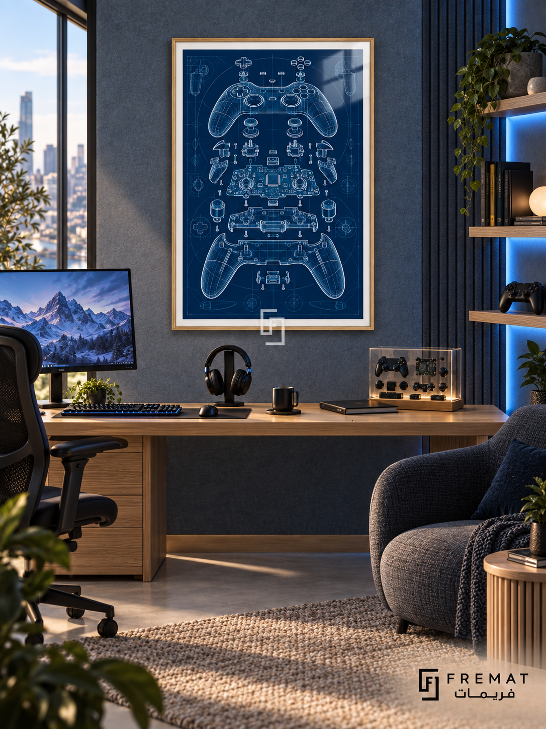 Controller Blueprint gaming artwork in a Wooden Texture PVC frame with a white printed border, displayed in a pale desk gaming nook with blue wall accents and upholstered chair.