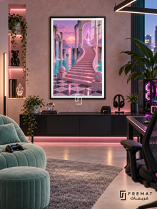 Vaporwave Savepoint gaming artwork in a Black PVC frame with a white printed border, displayed in a pink-lit gaming room with dark console and mint seating.