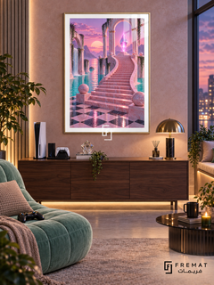 Vaporwave Savepoint gaming artwork in a Gold PVC frame with a white printed border, displayed in an evening lounge with walnut console and mint seating.