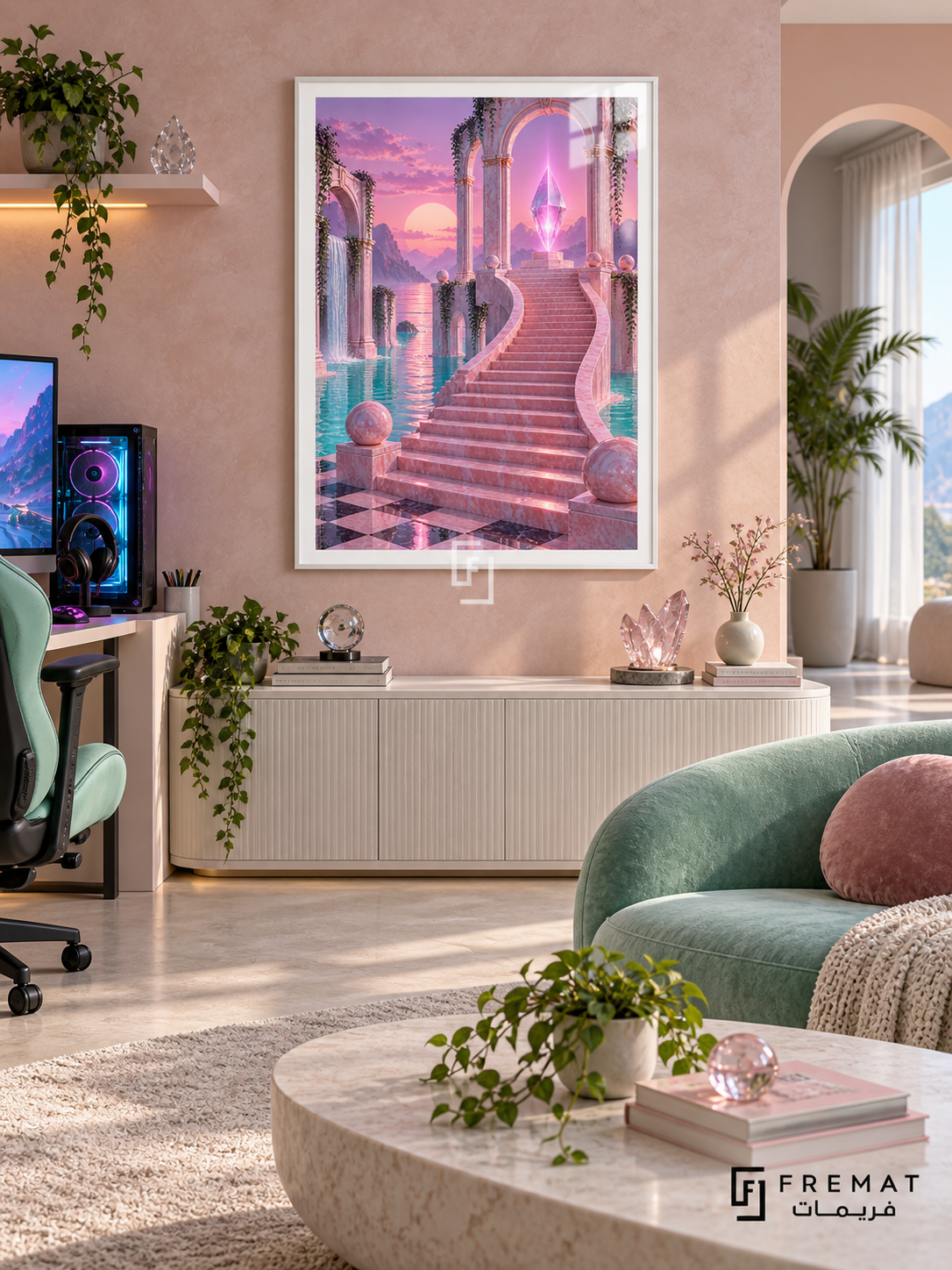 Vaporwave Savepoint gaming artwork in a White PVC frame with a white printed border, displayed in a sunlit pink gaming lounge with pale cabinet and mint chair.