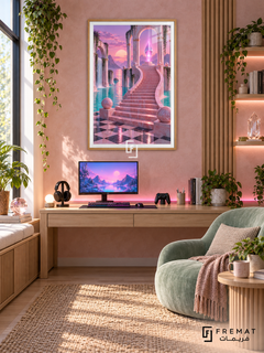 Vaporwave Savepoint gaming artwork in a Wooden Texture PVC frame with a white printed border, displayed in a pastel pink desk gaming nook with mint chair.