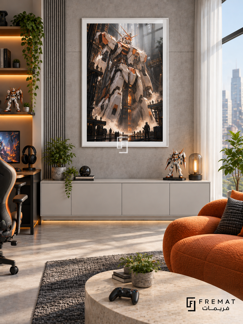 Mecha Awakening gaming artwork in a White PVC frame with a white printed border, displayed in a bright gray gaming room with pale cabinetry and orange chair.