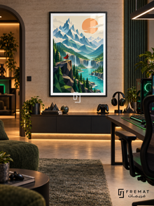 Low Poly Quest gaming artwork in a Black PVC frame with a white printed border, displayed in a gaming lounge with a dark console and green seating.