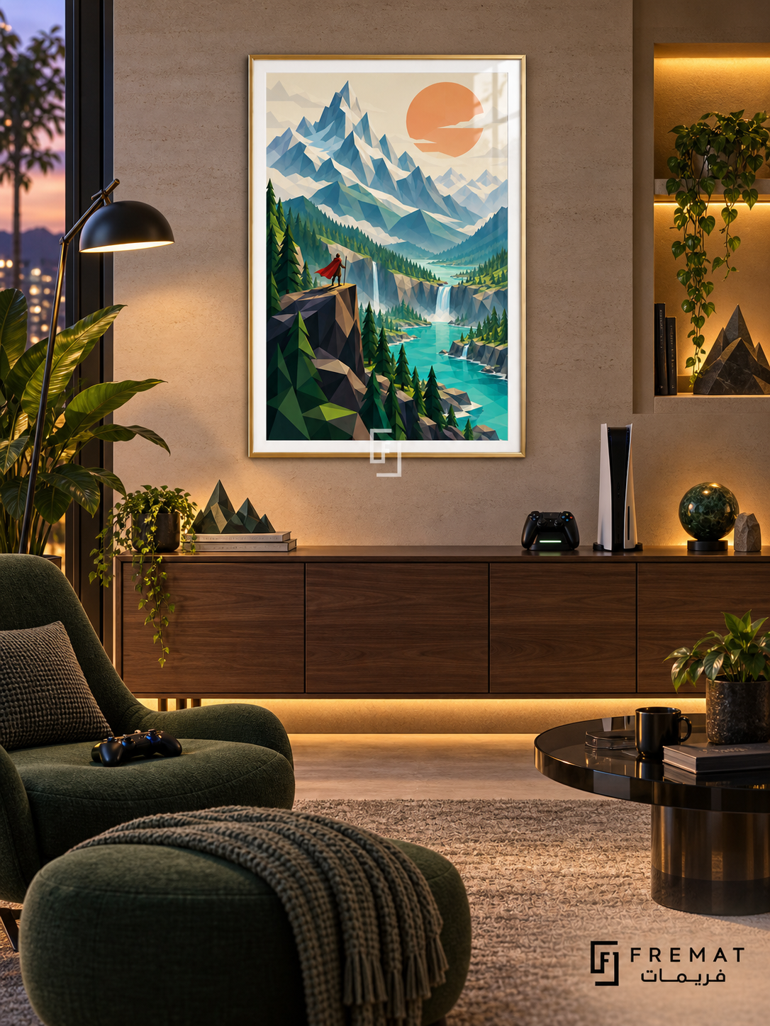 Low Poly Quest gaming artwork in a Gold PVC frame with a white printed border, displayed in an evening gaming lounge with a walnut console and green seating.