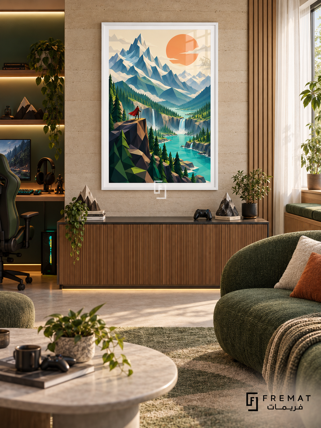 Low Poly Quest gaming artwork in a White PVC frame with a white printed border, displayed in a daylight gaming lounge with cabinetry and green seating.