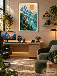 Low Poly Quest gaming artwork in a Wooden Texture PVC frame with a white printed border, displayed in a desk gaming nook with pale wood furniture and green seating.