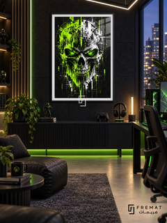 Glitch Skull gaming artwork in a Black PVC frame with a white printed border, displayed in a gaming lounge with a dark console and black seating.