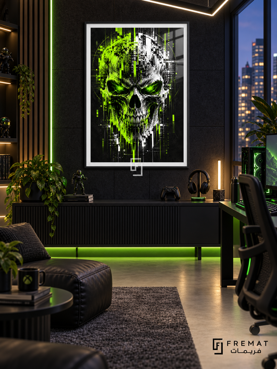 Glitch Skull gaming artwork in a Black PVC frame with a white printed border, displayed in a gaming lounge with a dark console and black seating.