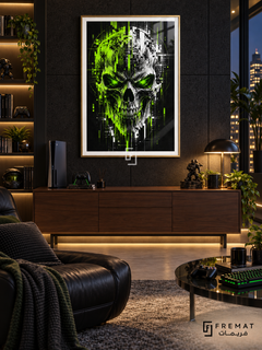 Glitch Skull gaming artwork in a Gold PVC frame with a white printed border, displayed in an evening gaming lounge with a walnut console and black seating.