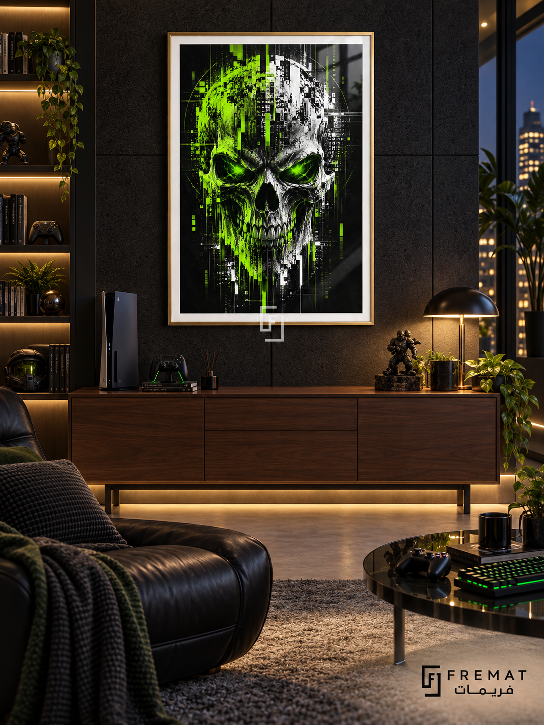 Glitch Skull gaming artwork in a Gold PVC frame with a white printed border, displayed in an evening gaming lounge with a walnut console and black seating.