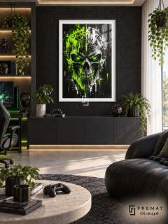 Glitch Skull gaming artwork in a White PVC frame with a white printed border, displayed in a daylight gaming lounge with cabinetry and black seating.