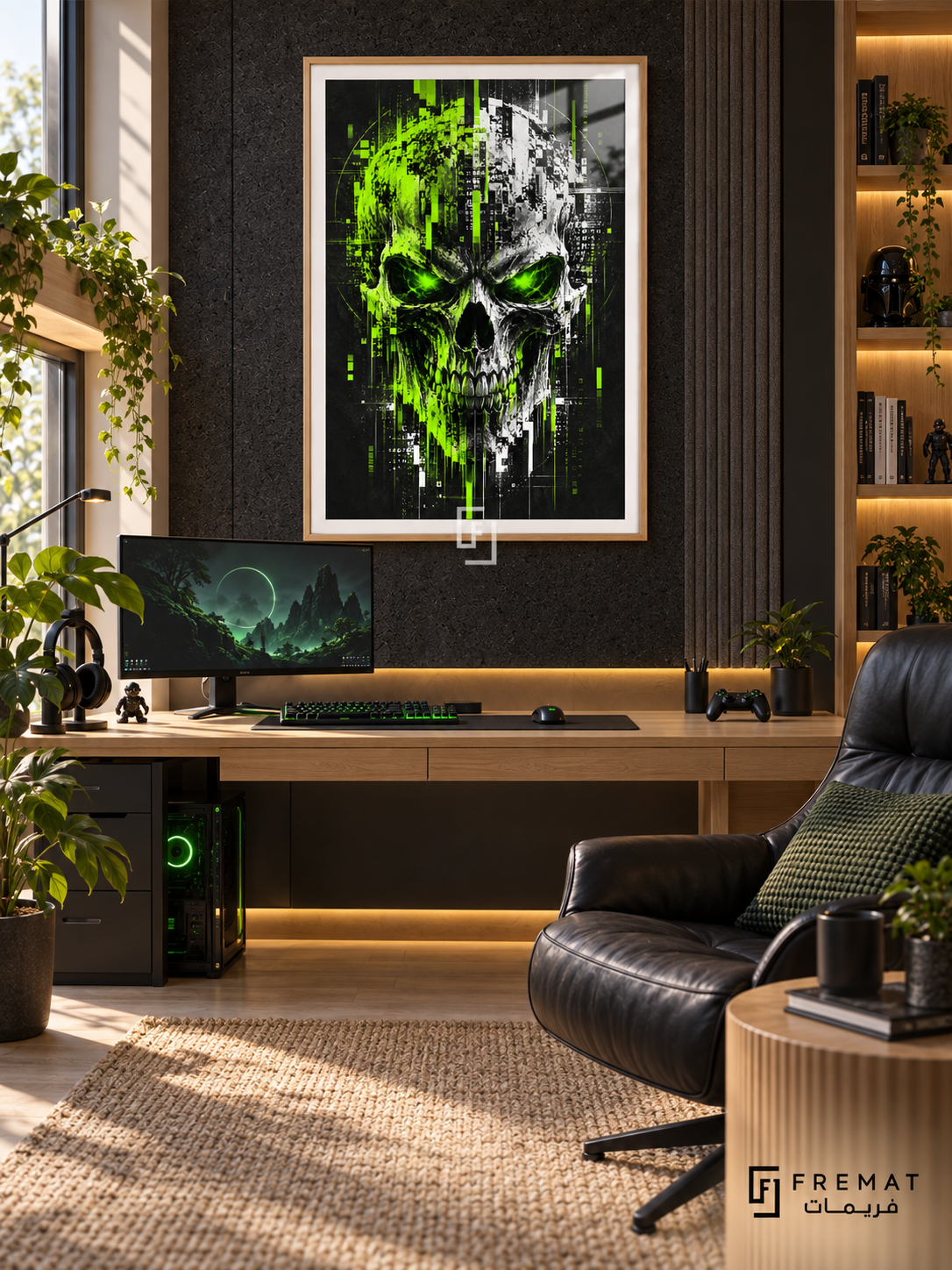 Glitch Skull gaming artwork in a Wooden Texture PVC frame with a white printed border, displayed in a desk gaming nook with pale wood furniture and black seating.