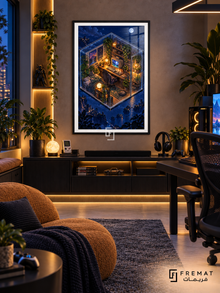 Cozy Checkpoint gaming artwork in a Black PVC frame with a white printed border, displayed in a gaming lounge with a dark console and brown seating.