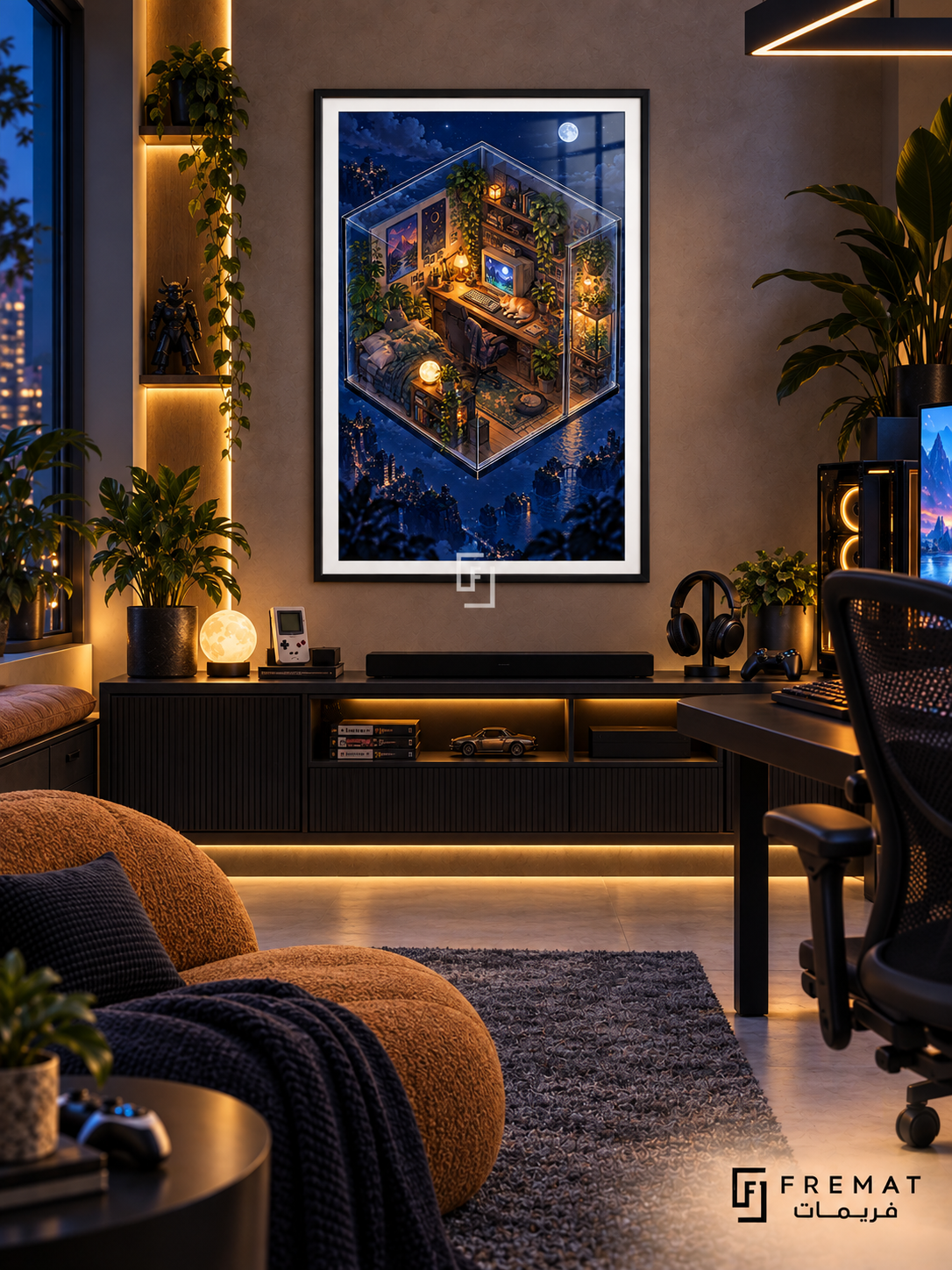 Cozy Checkpoint gaming artwork in a Black PVC frame with a white printed border, displayed in a gaming lounge with a dark console and brown seating.