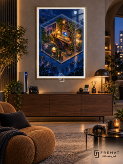 Cozy Checkpoint gaming artwork in a Gold PVC frame with a white printed border, displayed in an evening gaming lounge with a walnut console and brown seating.