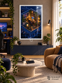 Cozy Checkpoint gaming artwork in a White PVC frame with a white printed border, displayed in a daylight gaming lounge with cabinetry and brown seating.