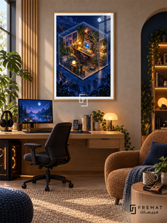 Cozy Checkpoint gaming artwork in a Wooden Texture PVC frame with a white printed border, displayed in a desk gaming nook with pale wood furniture and brown seating.