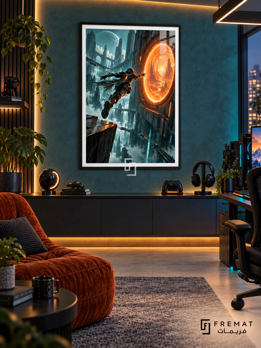 Portal Runner gaming artwork in a Black PVC frame with a white printed border, displayed in a gaming lounge with a dark console and orange seating.