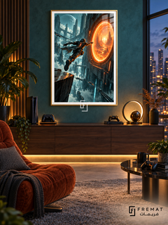 Portal Runner gaming artwork in a Gold PVC frame with a white printed border, displayed in an evening gaming lounge with a walnut console and orange seating.