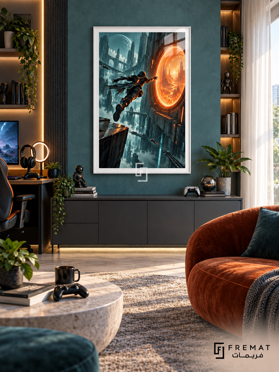 Portal Runner gaming artwork in a White PVC frame with a white printed border, displayed in a daylight gaming lounge with cabinetry and orange seating.