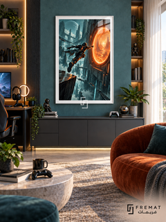 Portal Runner gaming artwork in a White PVC frame with a white printed border, displayed in a daylight gaming lounge with cabinetry and orange seating.