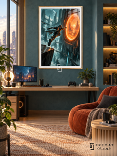 Portal Runner gaming artwork in a Wooden Texture PVC frame with a white printed border, displayed in a desk gaming nook with pale wood furniture and orange seating.