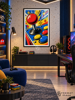 Arcade Pop gaming artwork in a Black PVC frame with a white printed border, displayed in a gaming lounge with a dark console and blue seating.