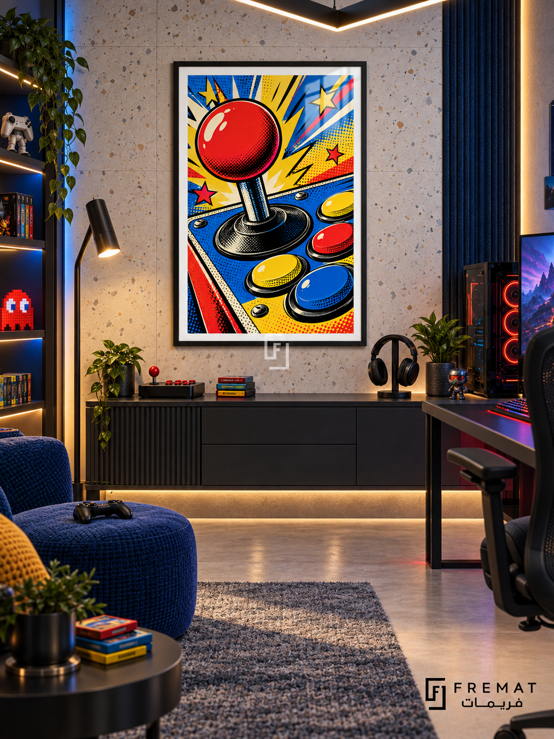 Arcade Pop gaming artwork in a Black PVC frame with a white printed border, displayed in a gaming lounge with a dark console and blue seating.